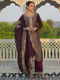 Wine Woven Design Silk Blend Straight Suit with Dupatta