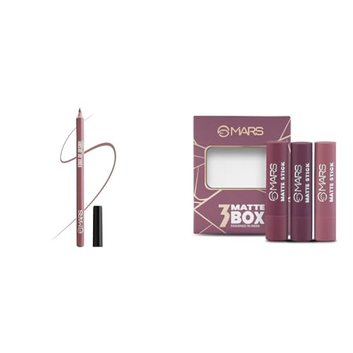 MARS Matte Lip Liner | One Swipe Smooth Application | Long Lasting Lip Pencil (1.4gm) (16-PEACHY GLOW) Matte Box Set of 3 Lipsticks for Women |(3x3.2 gm) (03-Plum)