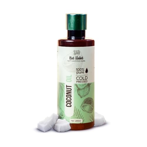 Nat Habit Cold Pressed 100% Pure Coconut Oil for Skin & Hair, Whole Kernels from Tamil Nadu & Kerala | Zero Preservatives | Body Massage Oil, Hair Oil, 200ml