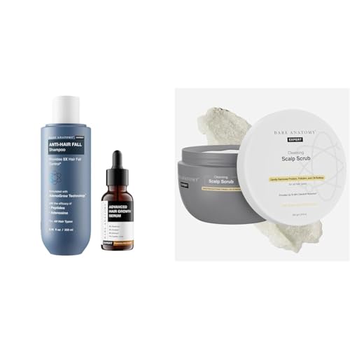 Bare Anatomy Anti Hair Fall Shampoo Hair Fall Control, Growth 250ml 3% Redensyl + 4% Anagain + 3% Baicapil + 1% Capilia Longa 30mL Scalp Scrub with Natural AHAs, Coconut & Sugar For Women & Men | 250g