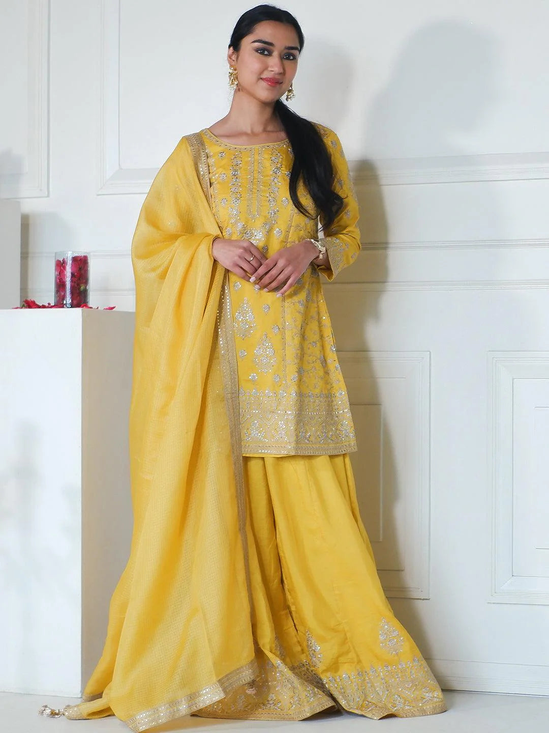 Libas Art Yellow Embroidered Silk Straight Suit with Dupatta