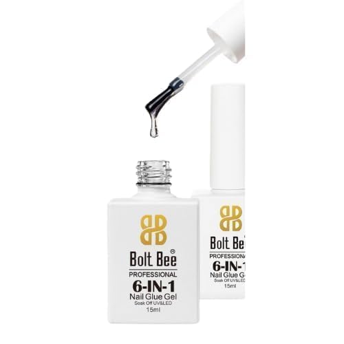 Bolt Bee 6-in-1 Nail Glue – 15ml Multifunctional UV/LED Soak Off for Base Coat, Nail Adhesive, Self-Leveling, Strengthening, Slip Solution & Blooming Effects – Professional Nail Art