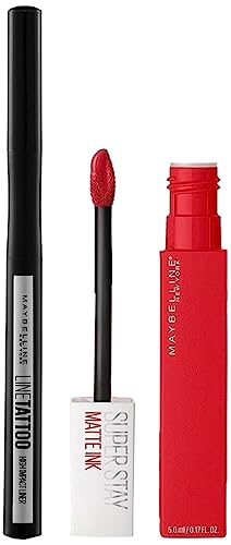 Maybelline New York Super Stay Matte Ink Liquid Lipstick, 220 Ambitious, 5ml & Maybelline New York Line Tattoo High Impact Liner Black, 1g