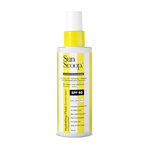SunScoop Hydrating Face & Body Fluid Sunscreen Spray SPF 60 PA++++ | Water Resistant With Zinc Oxide, Broad Spectrum, No White Cast, Non-Comedogenic Quick Absorbing | For Men & Women-125ml