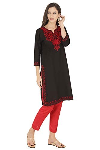 QAZMI Women's  Cotton Straight Embroidered Kurti Black L
