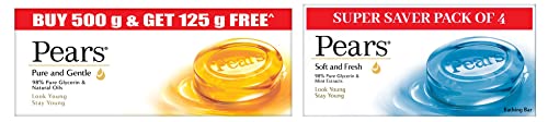 Pears Pure & Gentle Moisturising Bathing Bar Soap with Glycerine For Golden Glow 125g (Pack of 5) & Pears Soft & Fresh Bathing Bar with 98% Pure Glycerine & Mint Extracts - For Fresh Glow (125g x 4)