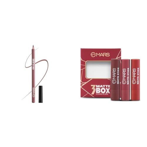 MARS Matte Lip Liner | One Swipe Smooth Application | Long Lasting Lip Pencil (1.4gm) (16-PEACHY GLOW) Matte Box Set of 3 Lipsticks for Women (3x3.2 gm) (01-Red & Maroon)