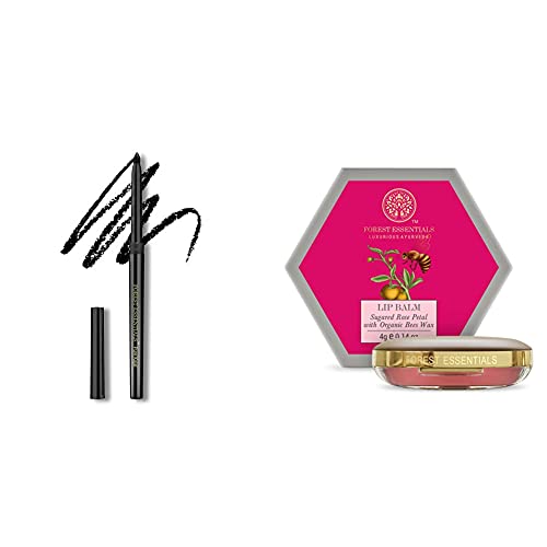 Forest Essentials Charcoal Black Gulaab Khaas Kajal 0.30g & Forest Essentials Luscious Sugared Rose Petal Lip Balm, 4g