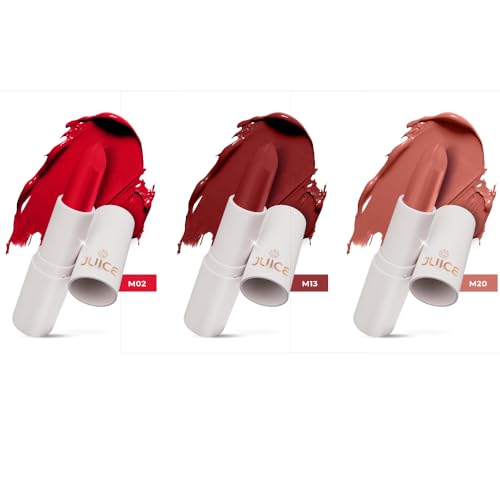 Juice Kiss Sensation Lipstick with Goodness of Bio Retinol, UV Protection & Long lasting Lipstick, Pack of 3 (Red Carpet - M02, Maroon Magnet - M13, Chocoholic - M20)