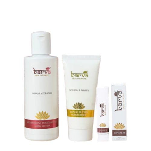 Barva Dry Skin Special | Natural Skincare For Face & Body | Made With Ghee, Aloe Vera, Vitamin -E | 3-Products Set | Mango Butter, Pomegranate Body Lotion & Lip Balm.