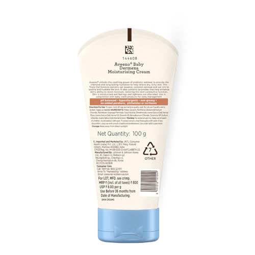 Aveeno Baby Dermexa Moisturising Cream 100g with Triple Oat Complex and Ceramides to soothe and relieve dry, itchy, sensitive skin | US pediatrician recommended | No added fragrance, cortisone or dyes | Hypoallergenic