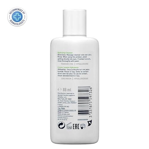 CeraVe Hydrating Cleanser For Normal To Dry Skin (88ml) - Non-Foaming Face Wash with Hyaluronic Acid And Ceramides | Non-Comedogenic, Non-Irritating And Fragrance-Free Cleanser