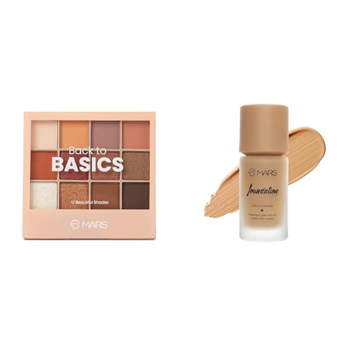 MARS 12 Shades Back to Basics Eyeshadow Palette with Free Applicator Shimmer (14.4 gm) (Shade-02) High Coverage Liquid Foundation | Blemish Free & Blendable Foundation for Makeup (40ml) (SHADE-6.5)