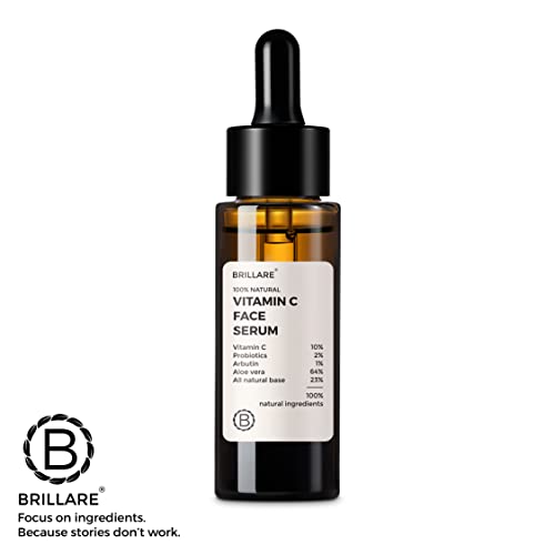 Brillare 10% Vitamin C Serum, Bright & Glowing Skin with Probiotics & Aloe Vera, Reduces Dull Skin Tone & Dark Spots, 100% Natural Face Serum, 30ml