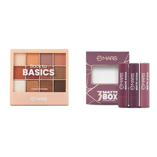 MARS 12 Shades Back to Basics Eyeshadow Palette with Free Applicator | Matte | Shimmer (14.4 gm) (Shade-02) Matte Box Set of 3 Lipsticks for Women |(3x3.2 gm) (03-Plum)