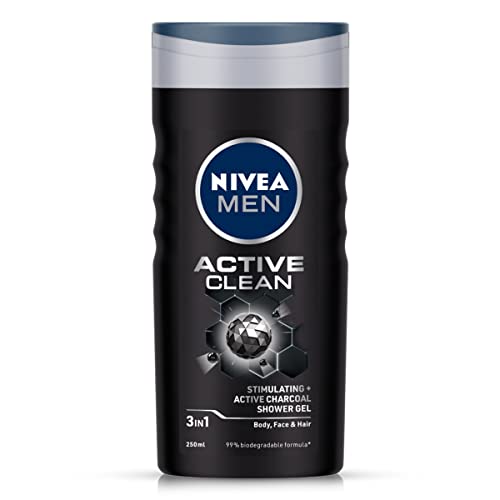 NIVEA Men Body Wash, Active Clean with Active Charcoal, Shower Gel for Body, Face & Hair, 250 ml