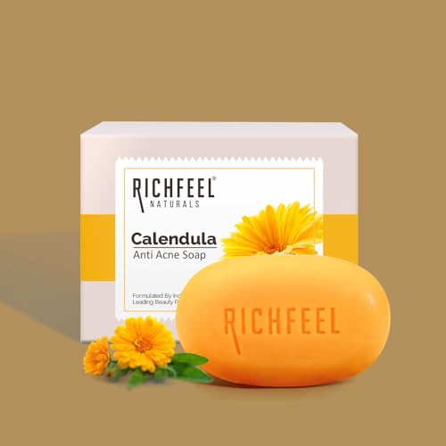 Richfeel Calendula Soap | Anti Acne Brightening Soap | Bath Soap for Men & Women | Soaps for Bath | TFM Grade 1 Soap | For Oily Skin | Fades Dark Spots | Gentle Exfoliation - 75Gm (Pack of 8)
