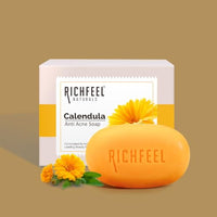 Richfeel Calendula Soap | Anti Acne Brightening Soap | Bath Soap for Men & Women | Soaps for Bath | TFM Grade 1 Soap | For Oily Skin | Fades Dark Spots | Gentle Exfoliation - 75Gm (Pack of 8)