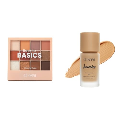 MARS 12 Shades Back to Basics Eyeshadow Palette with Free Applicator Shimmer (14.4 gm) (Shade-02) High Coverage Liquid Foundation | Blemish Free & Blendable Foundation for Makeup (40ml) (SHADE-5.5)
