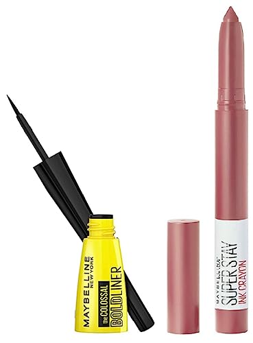 Maybelline New York Super Stay Crayon Matte Lipstick, 15 Lead The Way, 1.2G And New York Colossal Bold Eyeliner, Black, 3G