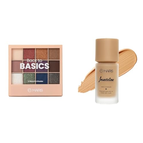 MARS 12 Shades Back to Basics Eyeshadow Palette with Free Applicator (14.4 gm) (Shade-01) High Coverage Liquid Foundation | Blemish Free & Blendable Foundation for Makeup (40ml) (SHADE-5.5)