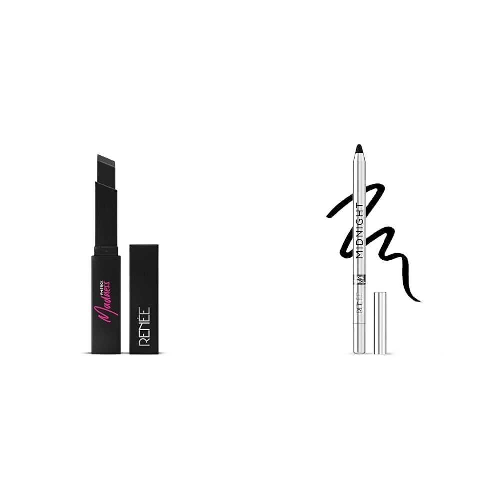 RENEE Madness Ph Lipstick 3gm - Black Lipstick With Glossy Pink Payoff and RENEE Midnight Kohl Pencil - Smudgeproof and Waterproof Kajal - 1.5Gm