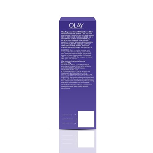 Olay Retinol Kit For Overnight Repair | Retinol Serum With Free Cleanser | Plumper, Younger Looking Skin | 24H Hydration | Fragrance Free | Normal, Oily,Dry,Combination Skin |Pack Of 2