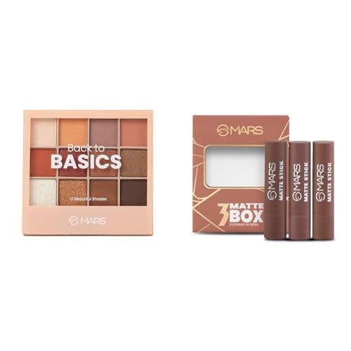 MARS 12 Shades Back to Basics Eyeshadow Palette with Free Applicator | Matte | Shimmer (14.4 gm) (Shade-02) Matte Box Set of 3 Lipsticks for Women (3x3.2 gm) (04-Brown)
