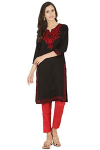 QAZMI Women's  Cotton Straight Embroidered Kurti Black L