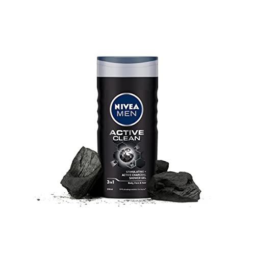 NIVEA Men Body Wash, Active Clean with Active Charcoal, Shower Gel for Body, Face & Hair, 250 ml