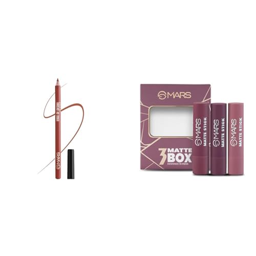 MARS Matte Lip Liner | One Swipe Smooth Application | Long Lasting Lip Pencil (1.4gm) (15-MUDDY BRICK) Matte Box Set of 3 Lipsticks for Women |(3x3.2 gm) (03-Plum)