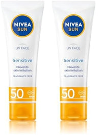 NIVEA Sun UV Face Sensitive SPF 50 Cream (50ml), Sunscreen Protects Against UVA/UVB Rays and Premature Skin Ageing, Sun Cream for Sensitive Facial Skin (Pack of 2)