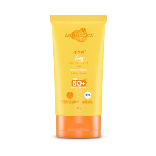 Aqualogica Glow+ Dewy Sunscreen SPF 50 PA++++ with Papaya & Vitamin C | For Dry, Sensitive, Oily & Combination Skin | UVA/B & Blue Light Protection | Travel Friendly | For Men & Women | 30g