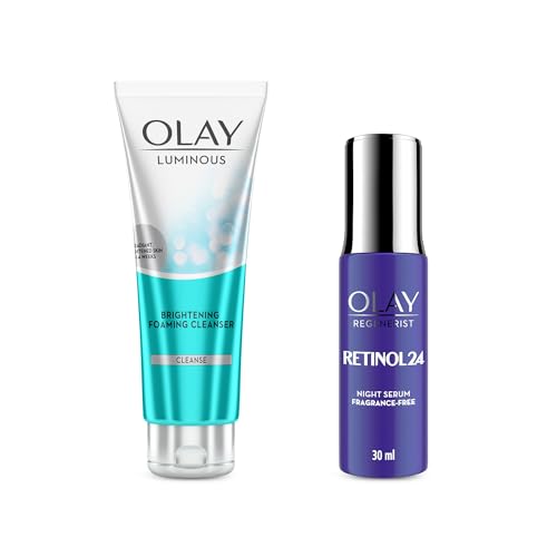 Olay Retinol Kit For Overnight Repair | Retinol Serum With Free Cleanser | Plumper, Younger Looking Skin | 24H Hydration | Fragrance Free | Normal, Oily,Dry,Combination Skin |Pack Of 2