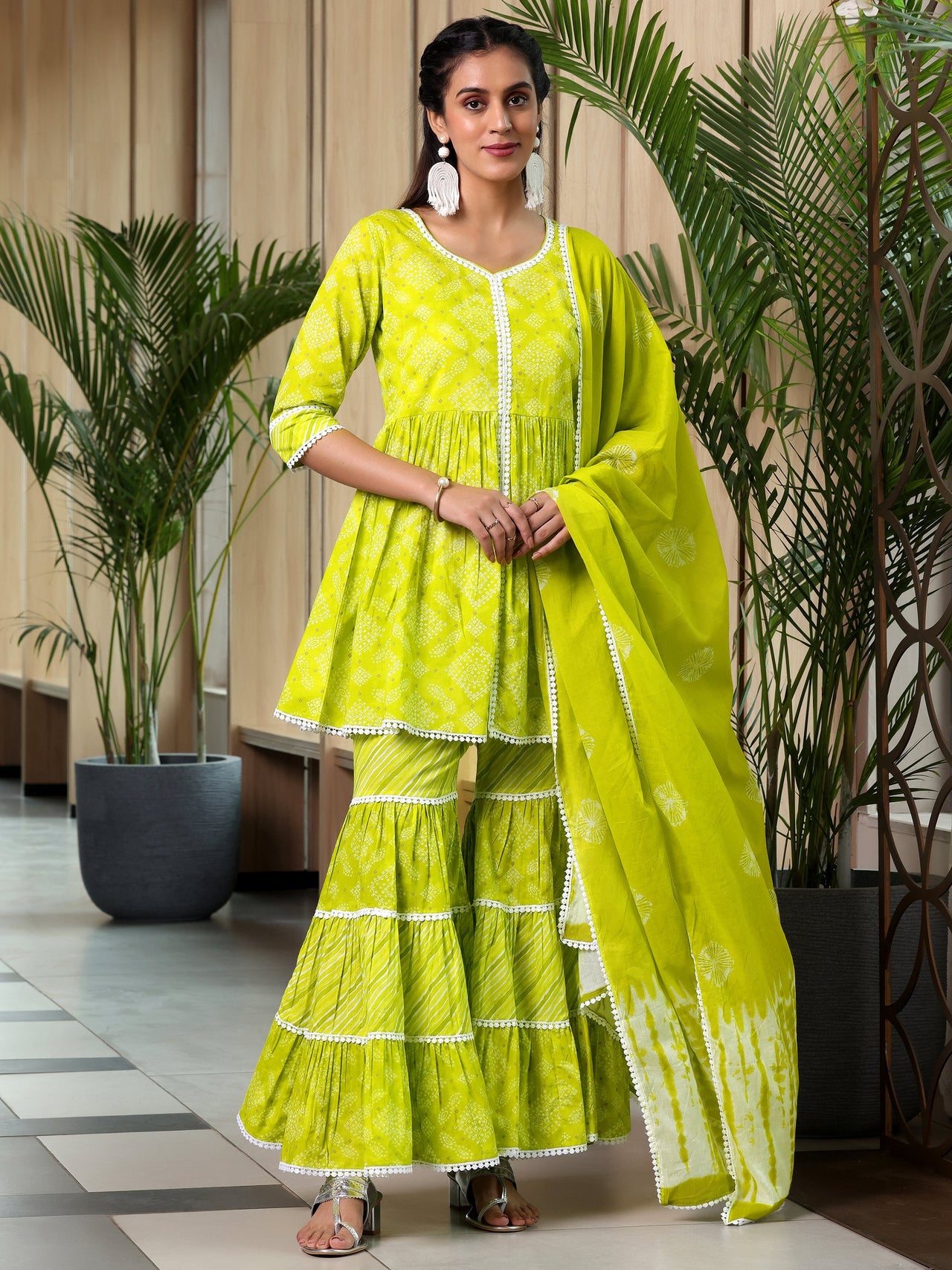 Green Printed Cotton A-Line Kurti with Sharara & Dupatta