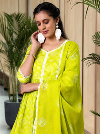 Green Printed Cotton A-Line Kurti with Sharara & Dupatta