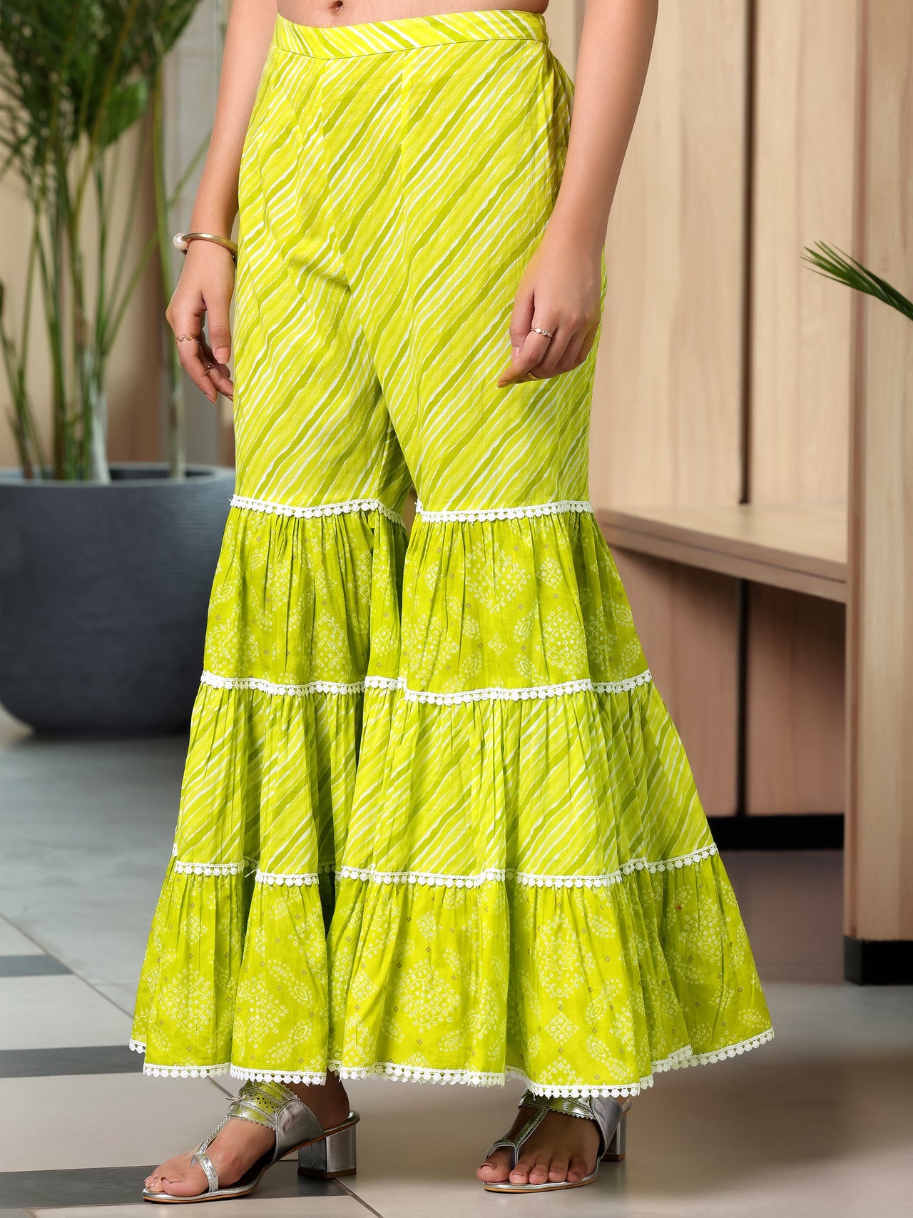 Green Printed Cotton A-Line Kurti with Sharara & Dupatta