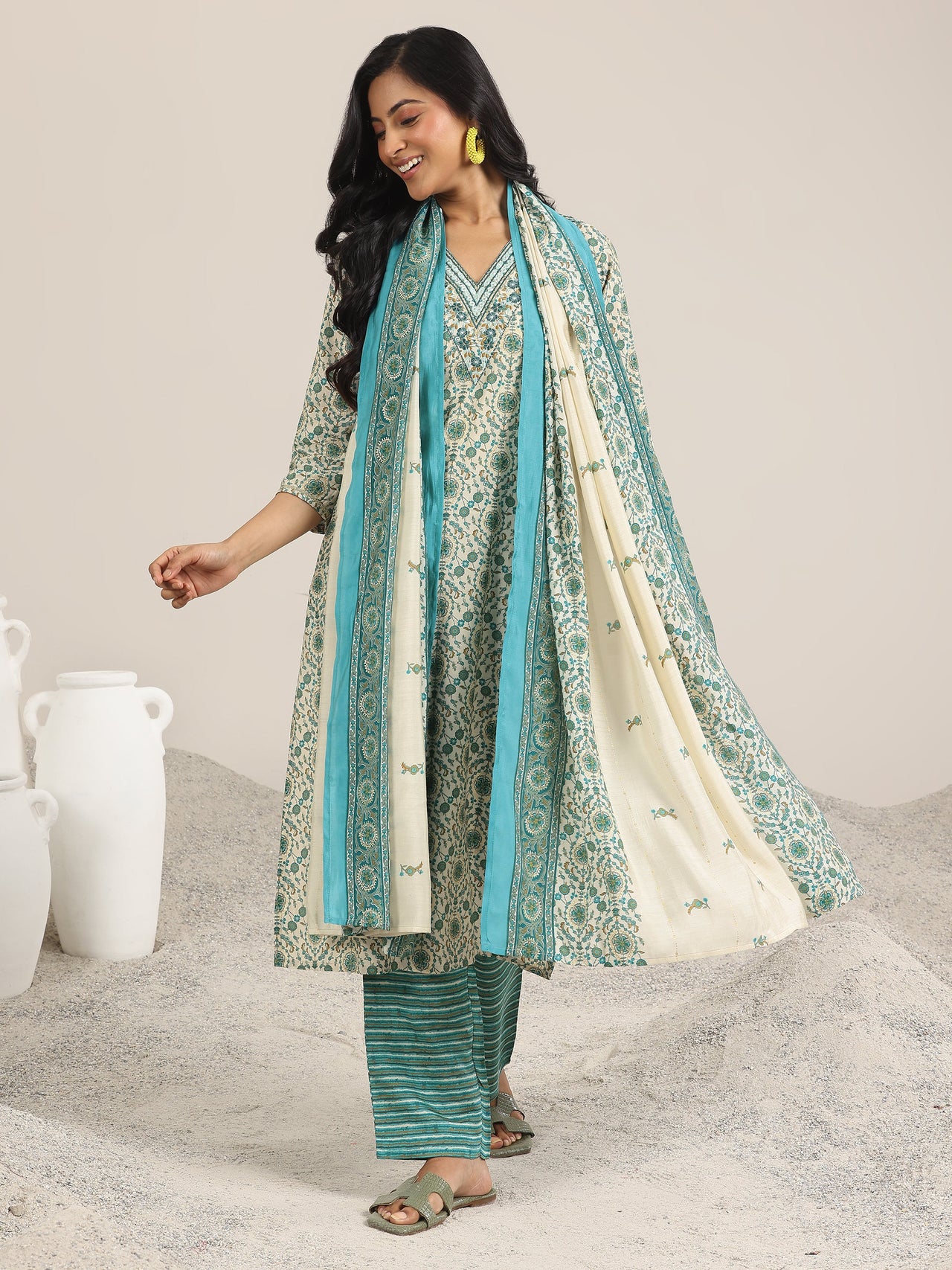 Blue Printed Silk Blend Straight Suit with Dupatta