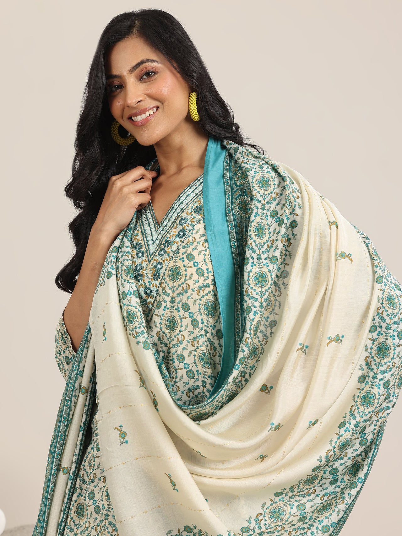 Blue Printed Silk Blend Straight Suit with Dupatta