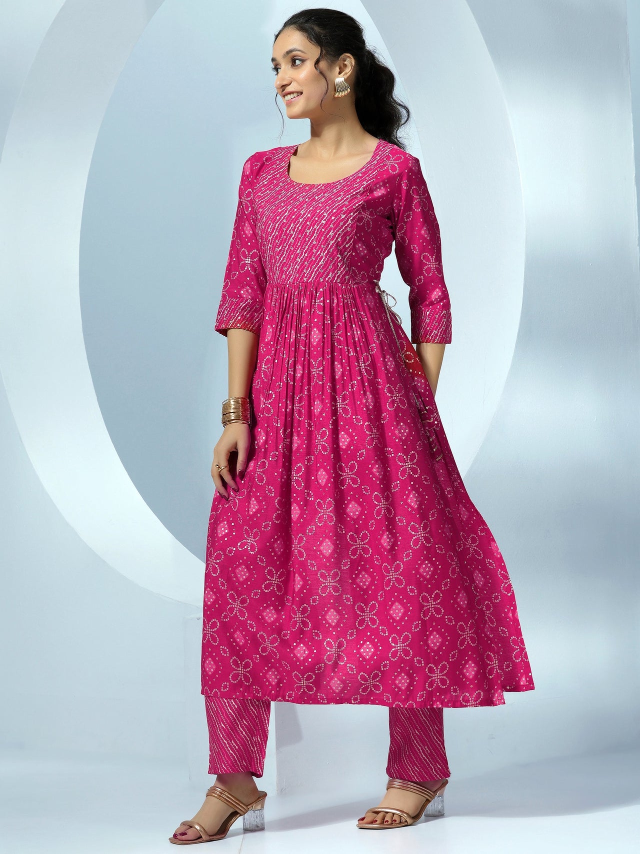 Pink Printed Silk Blend A-Line Kurta with Trousers & Dupatta