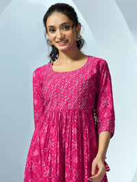 Pink Printed Silk Blend A-Line Kurta with Trousers & Dupatta