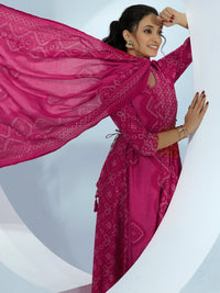 Pink Printed Silk Blend A-Line Kurta with Trousers & Dupatta