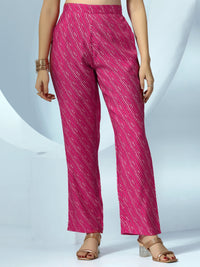 Pink Printed Silk Blend A-Line Kurta with Trousers & Dupatta
