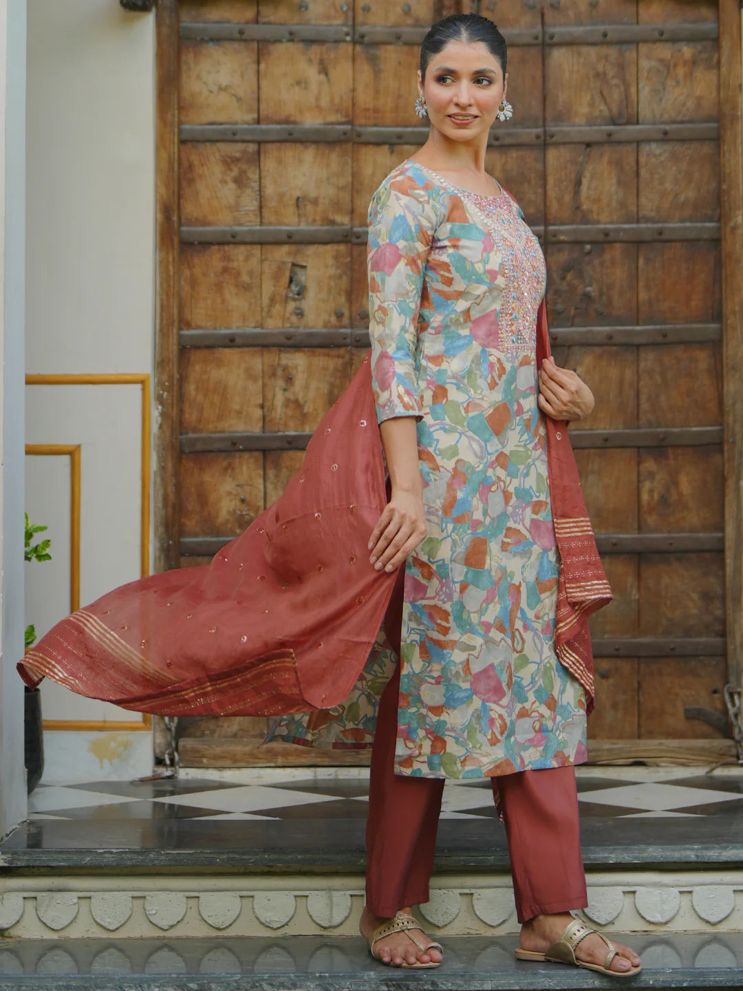 Off White Printed Silk Blend Straight Suit with Dupatta