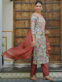 Off White Printed Silk Blend Straight Suit with Dupatta