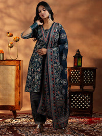 Blue Printed Silk Blend A-Line Kurta with Salwar & Dupatta