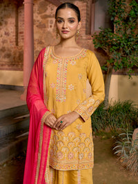 Libas Art Yellow Embroidered Silk Blend Straight Suit with Dupatta