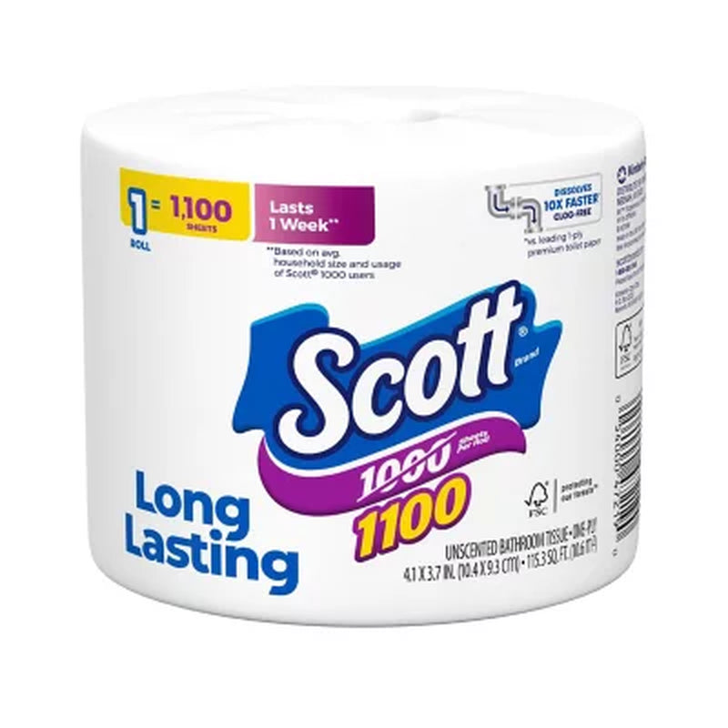 Scott 1100 1-Ply Toilet Paper 36 Rolls, 1100 Sheets/Roll