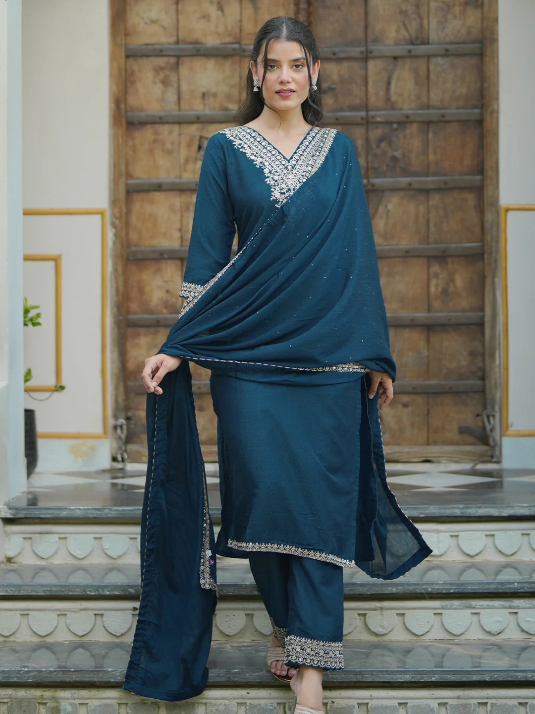 Teal Yoke Design Silk Blend Straight Suit with Dupatta
