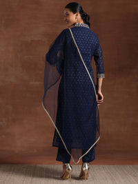 Blue Self Design Silk Blend Straight Suit with Dupatta